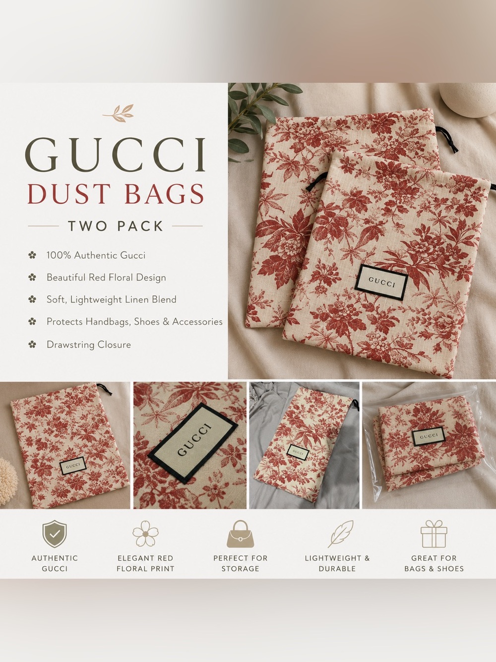 Gucci Floral Dust Bags – Set of 2 Authentic Luxury Storage Bags
